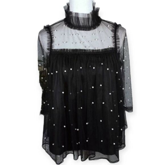 FOREVER 21 BLACK BLOUSE WITH PEARLS SZ.S EUC - Picture 1 of 6